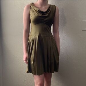John Galliano Green Cowl Neck Ruffled Low Back Pleated Dress